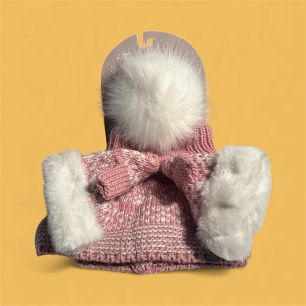 Cozy Pink and White Adult or Teens  Beanie and Half Mitten